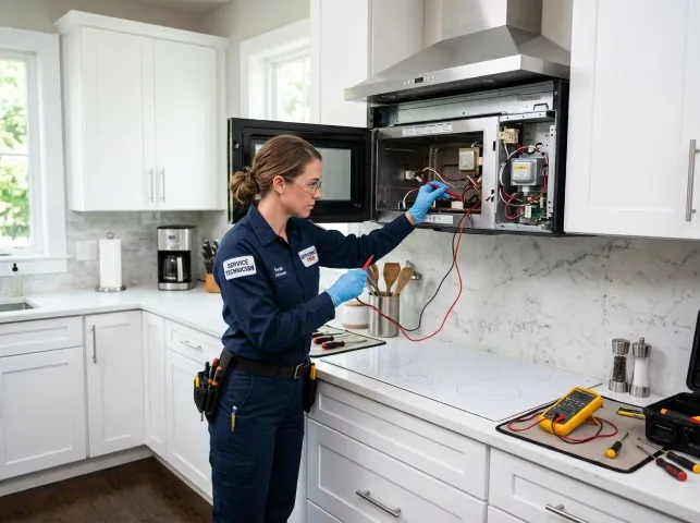 Appliance Repair Hero technician testing an over-the-range microwave in a Bandana, KY kitchen